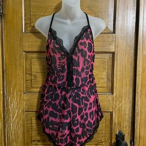 Pink and Black Leopard Print Lace Romper